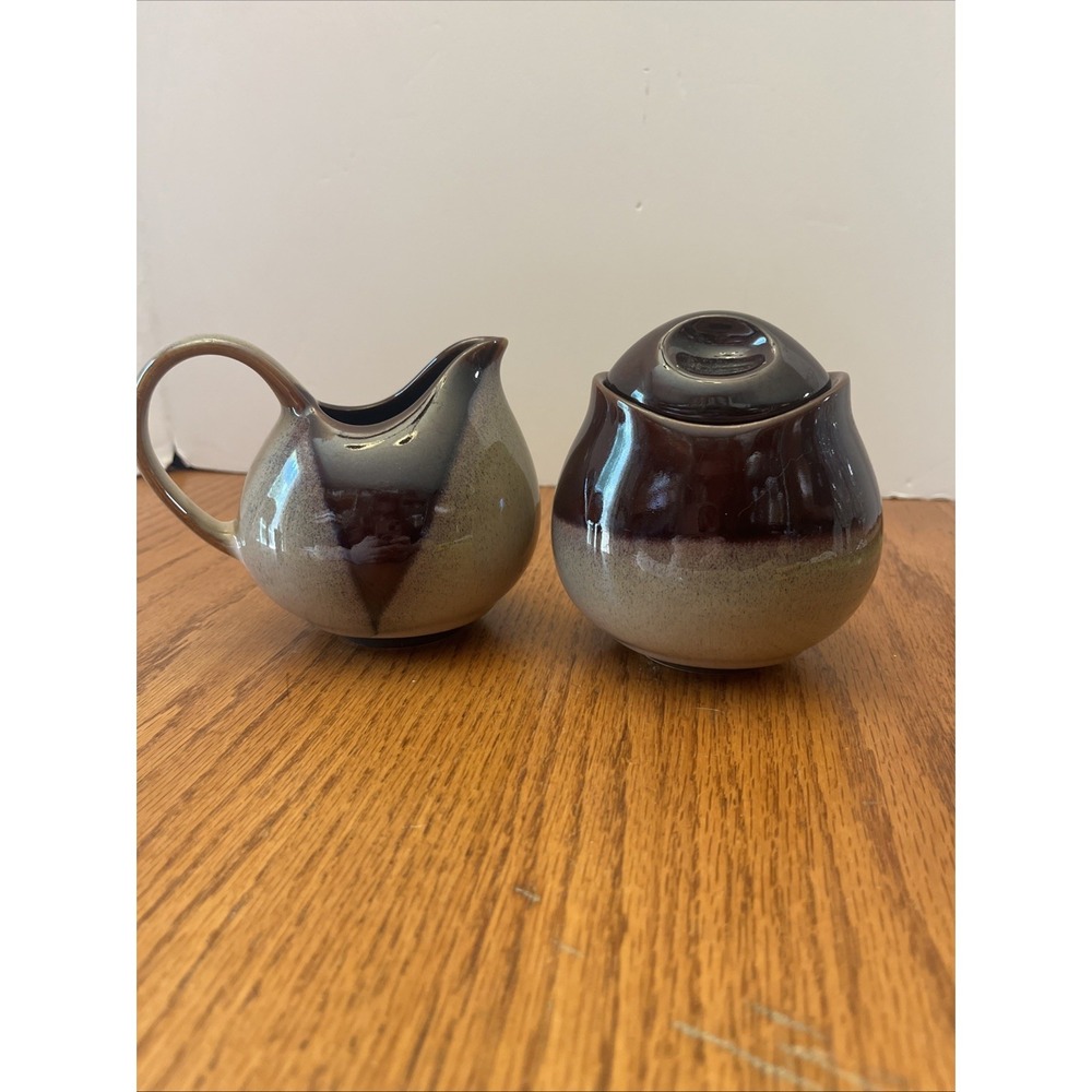 Sango Nova Brown Drip Glaze 4933 Sugar Bowl with Lid and Creamer